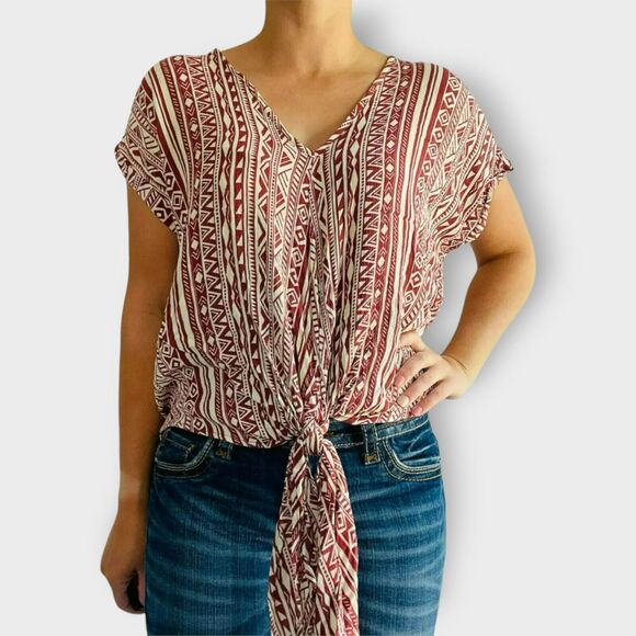 Entro Tribal Top Knotted Waist V Neck Relaxed Fit Red Short Sleeve Casual Small - Picture 1 of 11